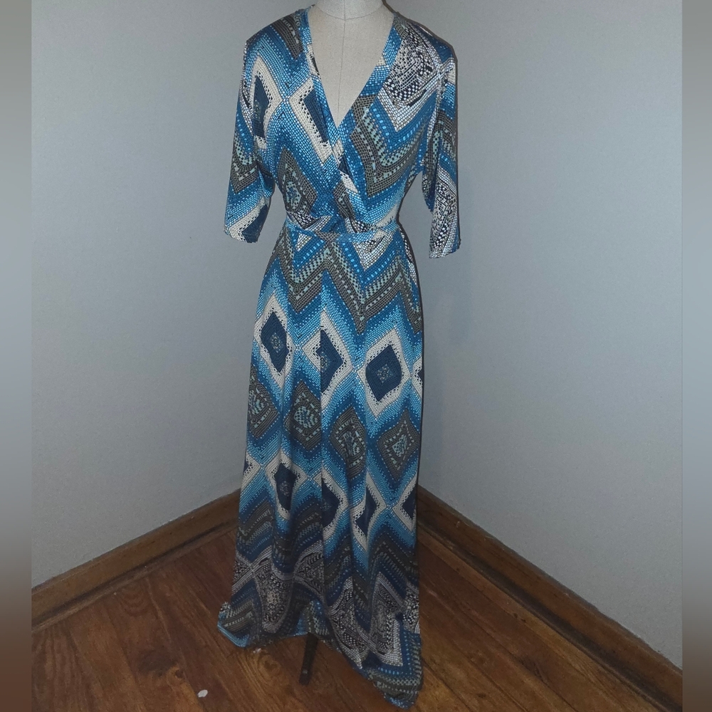 Blue Geo-Print Wrap Maxi Dress